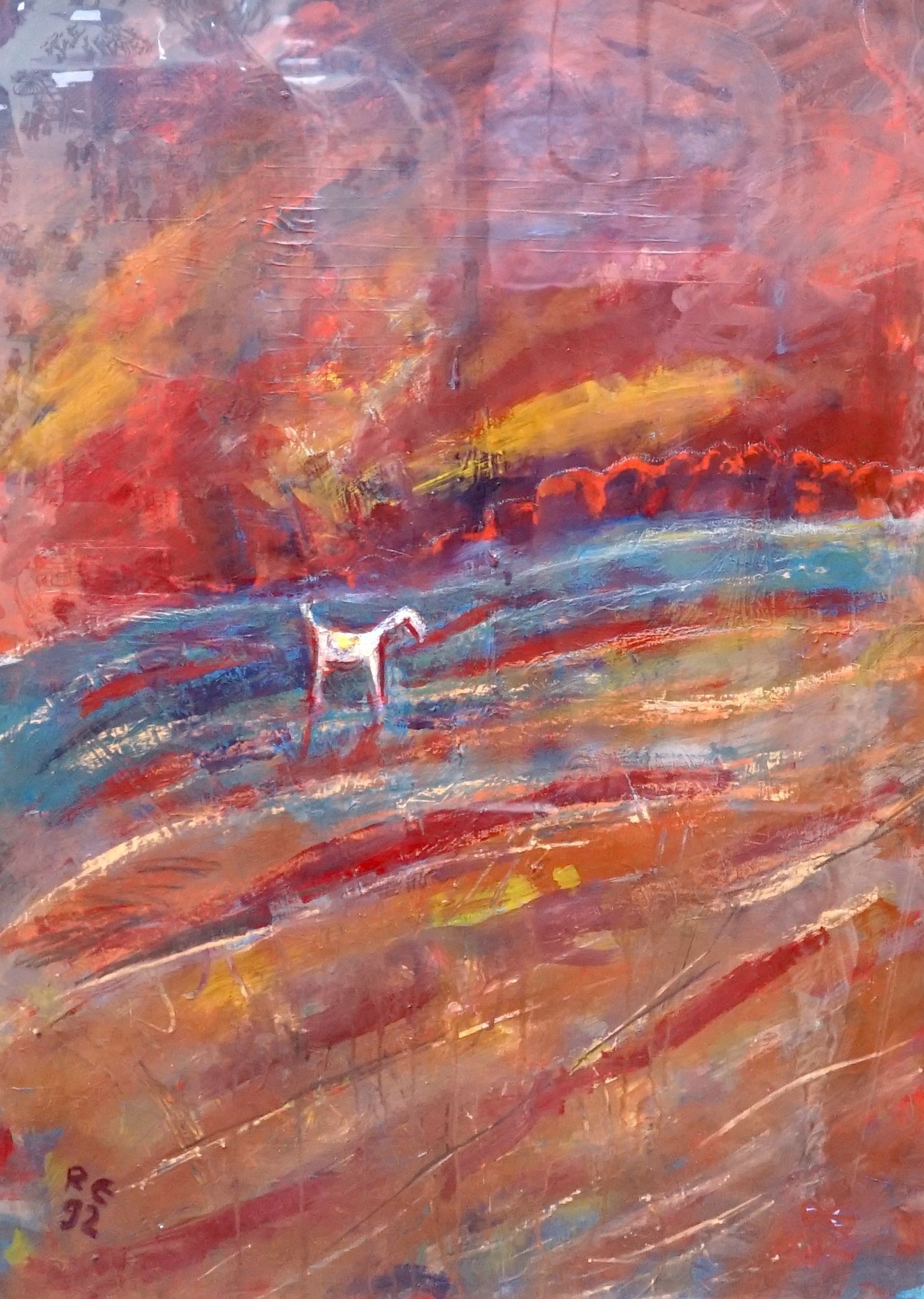 Richard Elliot, oil on paper, abstract horse in a landscape, signed and dated 92, image 89 cm x 65.5 cm